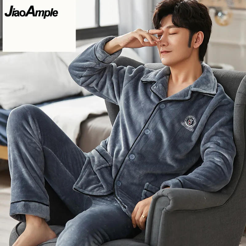 Pajamas Men\'s Winter Coral Velvet Thickened Sleepwear Suits Male Warm Pijamas Casual Cartoon Nightie Pyjamas Home Clothes Set