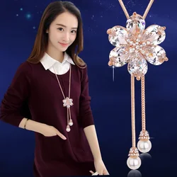 Fashion Crystal Bow Charm Sweater Chain Long Necklace Korean Tassel Zircon Rose Flower Pendant Necklace Jewelry for Women Gifts