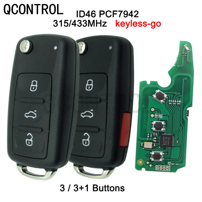 

QCONTROL Keyless Go Fob 4 Buttons 315MHz 433MHz Flip Remote Key for VW Volkswagen Touareg Phaeton 3D0959753AK ID46 7942 Chip