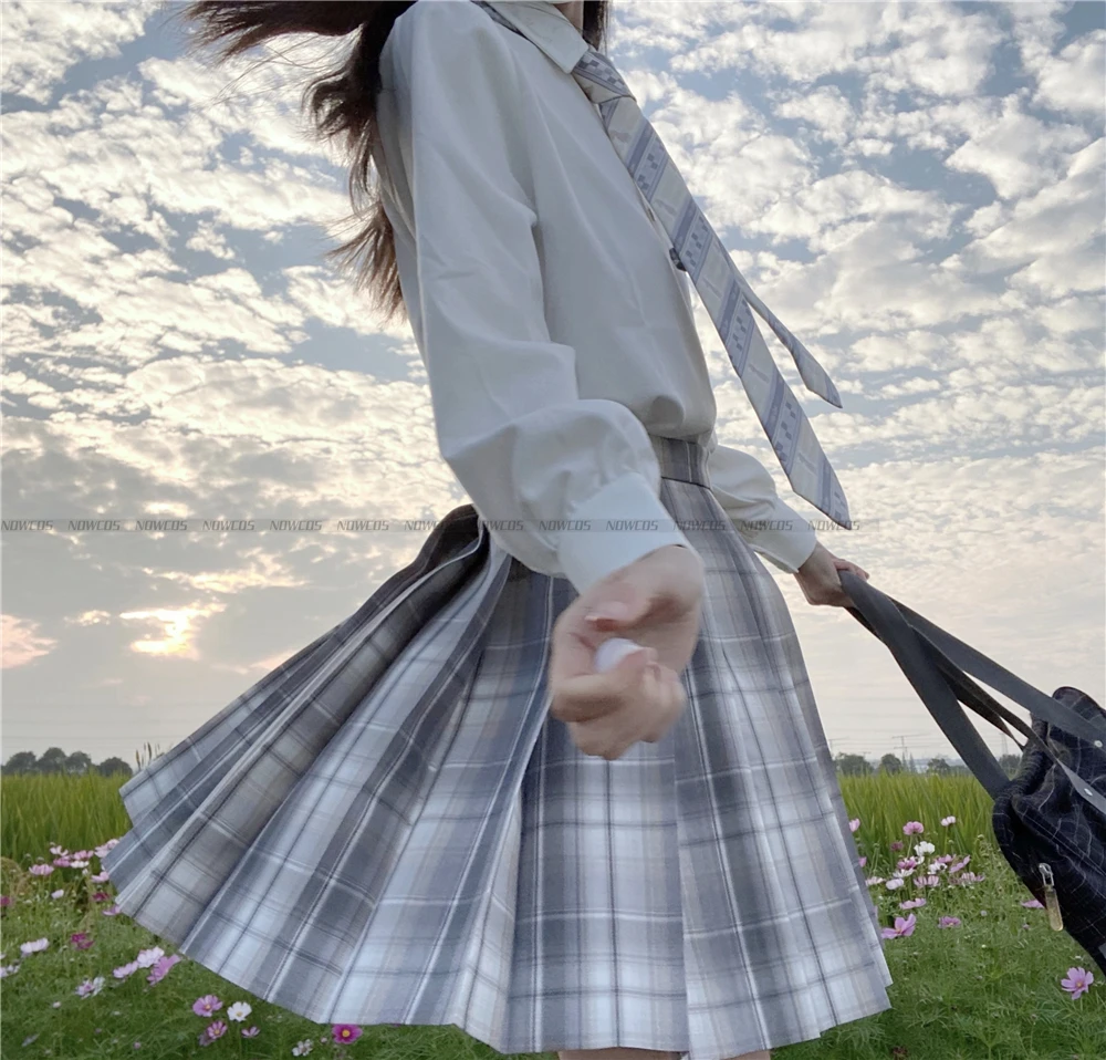 White Queen-faldas plisadas de cintura alta para niñas, Vestido de manga larga/corta a cuadros para estudiantes, uniforme escolar JK, Verano