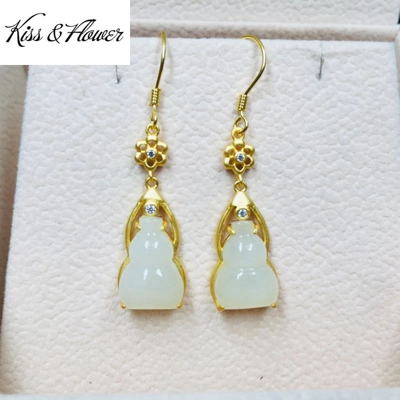 

KISS&FLOWER ER432 Fine Jewelry Wholesale Fashion Woman Bride Mother Birthday Wedding Gift Calabash Jade 24KT Gold Drop Earrings