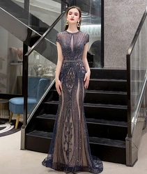 New 2020 Luxury Rhinestones Dark Gray Mermaid Evening Dress Long Evening Pageant Dresses Prom Formal Gown robe de soiree