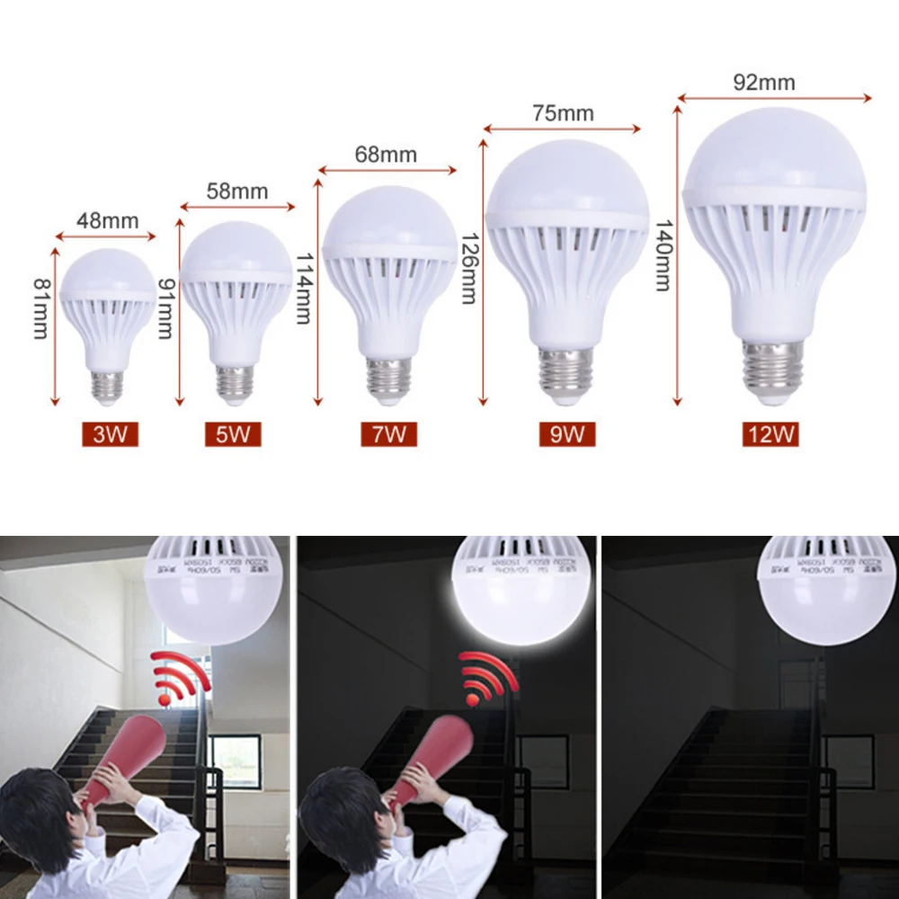 220V E27 LED Bulb Motion Sensor Sound 5W/9W/12W LED Light 5500-7000K Smart Induction Lamp for Stair Door Hallway Lighting