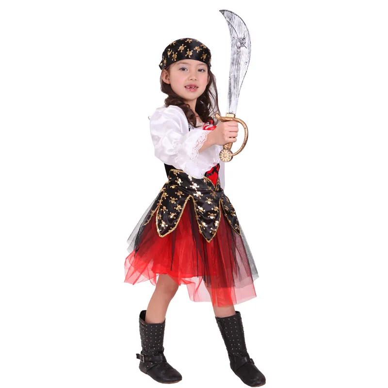 

Skull Print Kids Children Pirate Cosplay Girls Halloween Robber Costumes Carnival Purim Parade Stage Show Role Play Party Dress