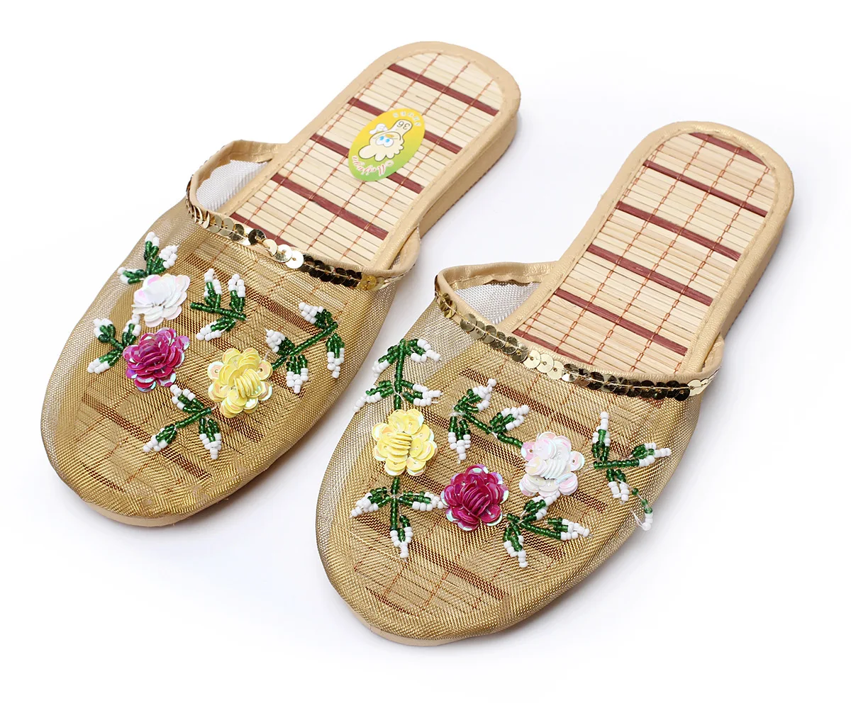 Zapatillas de interior con lentejuelas para mujer, zapatos planos, chanclas de playa de malla hueca de verano, chanclas informales Baotou creativas de malla de flores