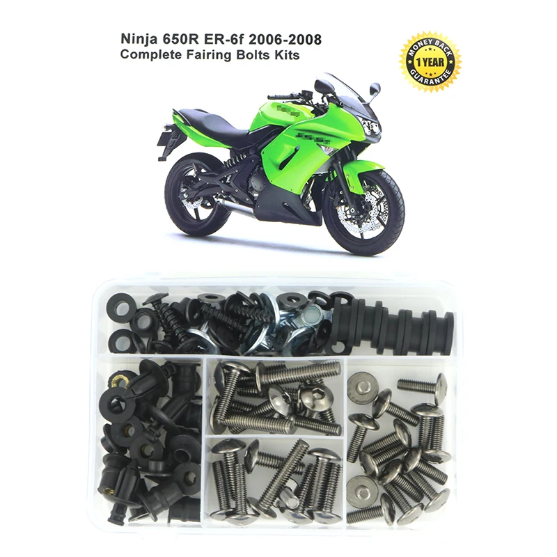 Passend für Kawasaki Ninja 650R ER-6f 2006-2008 Motorrad Komplettes Verkleidungs-Schraubenset Clips Unterlegscheiben Muttern Befestigungselemente Stahl