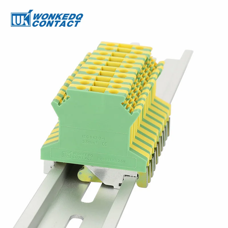 10 pièces USLKG2.5 vis terre DIN Rail Terminal nuits terre protection modulaire UK 2.5mm fil connecteur électrique USLKG-2.5N