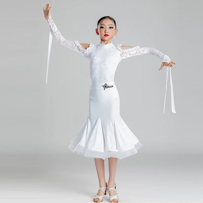 Children Ballroom Dance Dress Girls White Lace Competition Costume Long Sleeve Two-Piece Tango Standard Dancing Clothes VDB6420