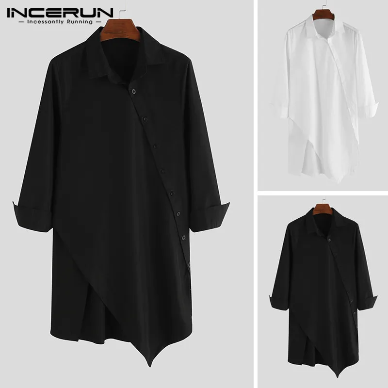 INCERUN-Camisas irregulares de manga comprida masculina com botão de lapela, monocromáticas, tops slim fit, plus size, moda chique, 2023