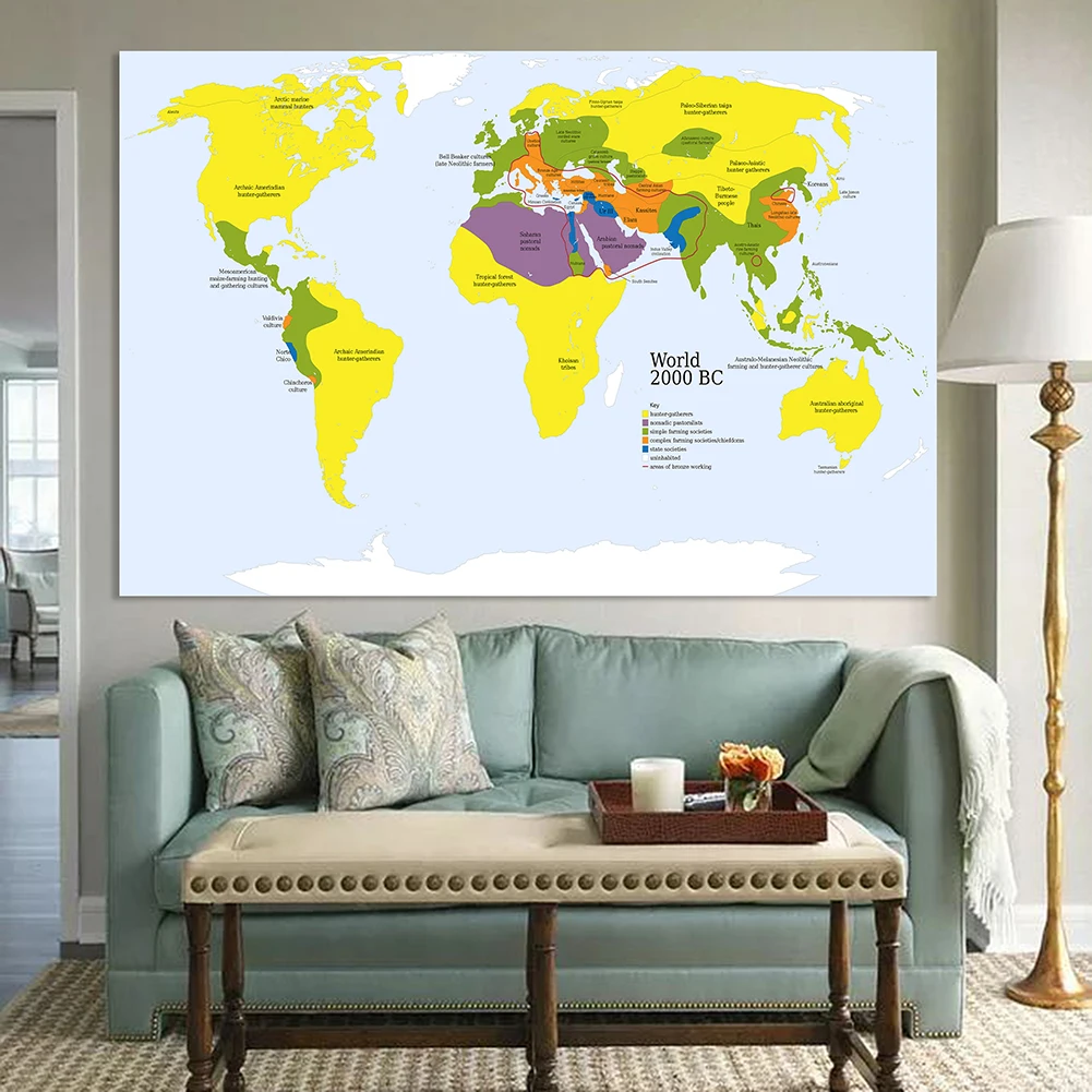 225*150cm The World Primitive Tribe Map In 2000 BC Non-woven Canvas Painting Detailed Large Poster Home Decor School Supplies