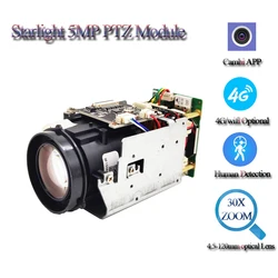 5MP Starlight 4G Mini PTZ Camera Module Board 30X Optical Zoom Lens Sony IMX335/IMX307, TF Card Slot  Max Support 128G Camhi APP