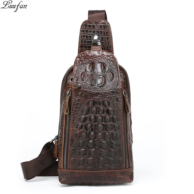 Luufan Genuine Leather Mens Chest Pack Sling Bags Alligator Pattern Messenger Crossbody Bag For Men Mini Travel Chest Bag Riding