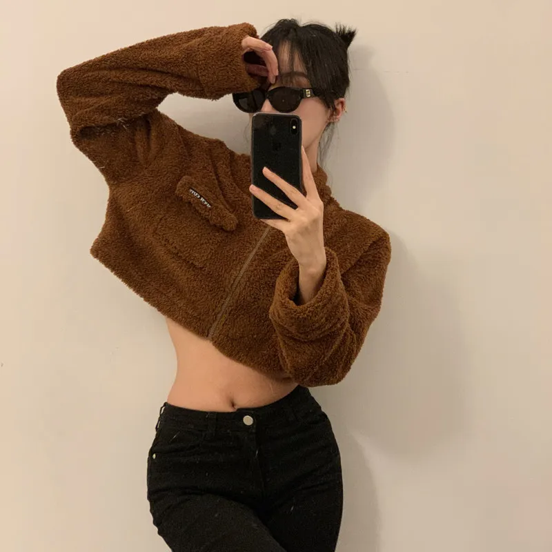 Fuzzy Fur Jacket Fleece Teddy Coat Female Autumn Winter Coat Crop Tops Korean Long Sleeve Warm Brown Tweed  Zipper Jakcets Y2k