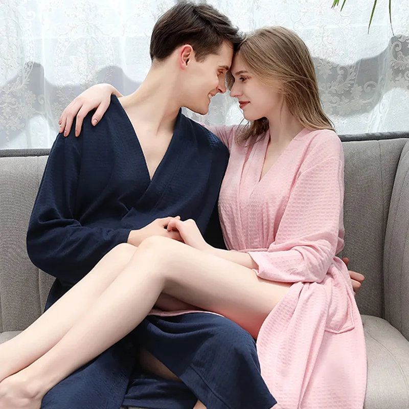 New 100% Pure Cotton Plain Color Bathrobes Robe Beauty Shop Hotel Unisex Pajamas Sauna Clothes Waffle Sleepwear Water Absorption