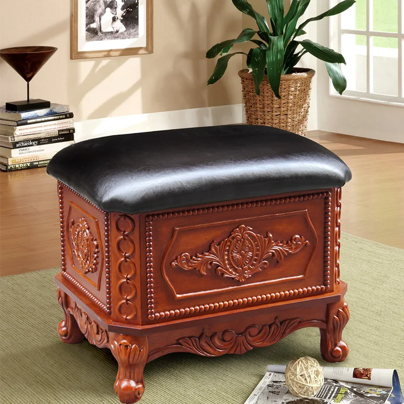 American-style Solid Wood Shoe-changing Hallway Household Shoe Stool Small Square Stool Storage Storage Stool Leather Stool