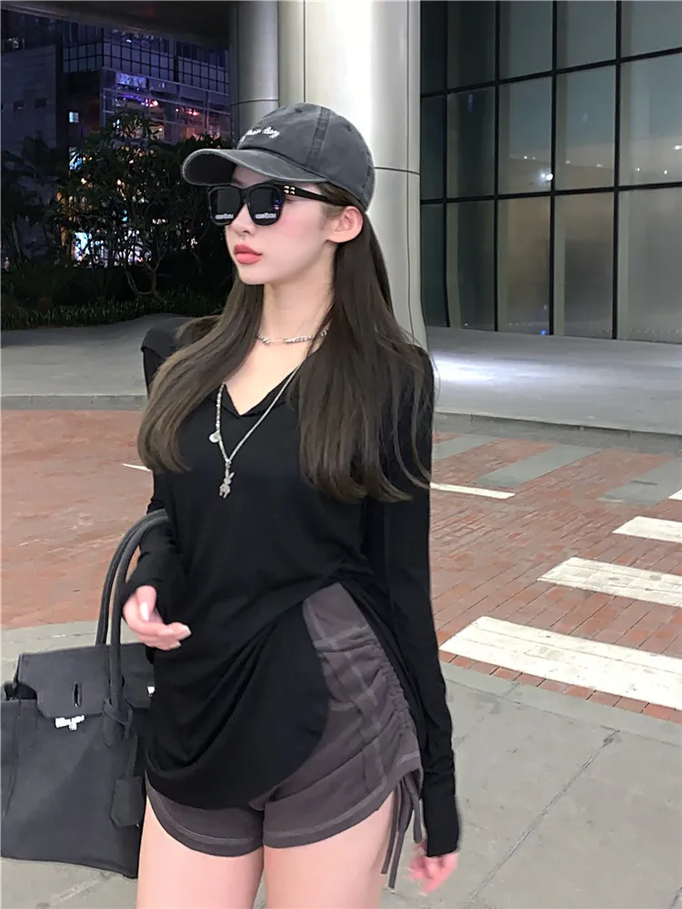 Korean Style T-shirt Women\'s Tee Shirt Simple Solid Hooded Match Basic Tshirt Mid-Length Loose Thin Tops Long-Sleeved Summer Top