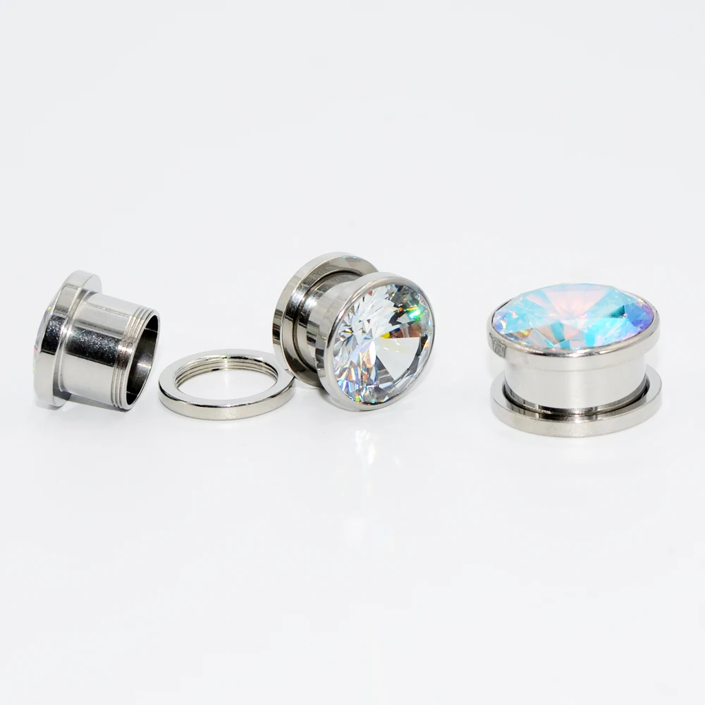 1 PAIR Surgical Steel Top Quality Crystal Cubic Zircon Screw Fit Ear Flesh Tunnel Ear Gauge Ear Expander Body Piercing Jewelry