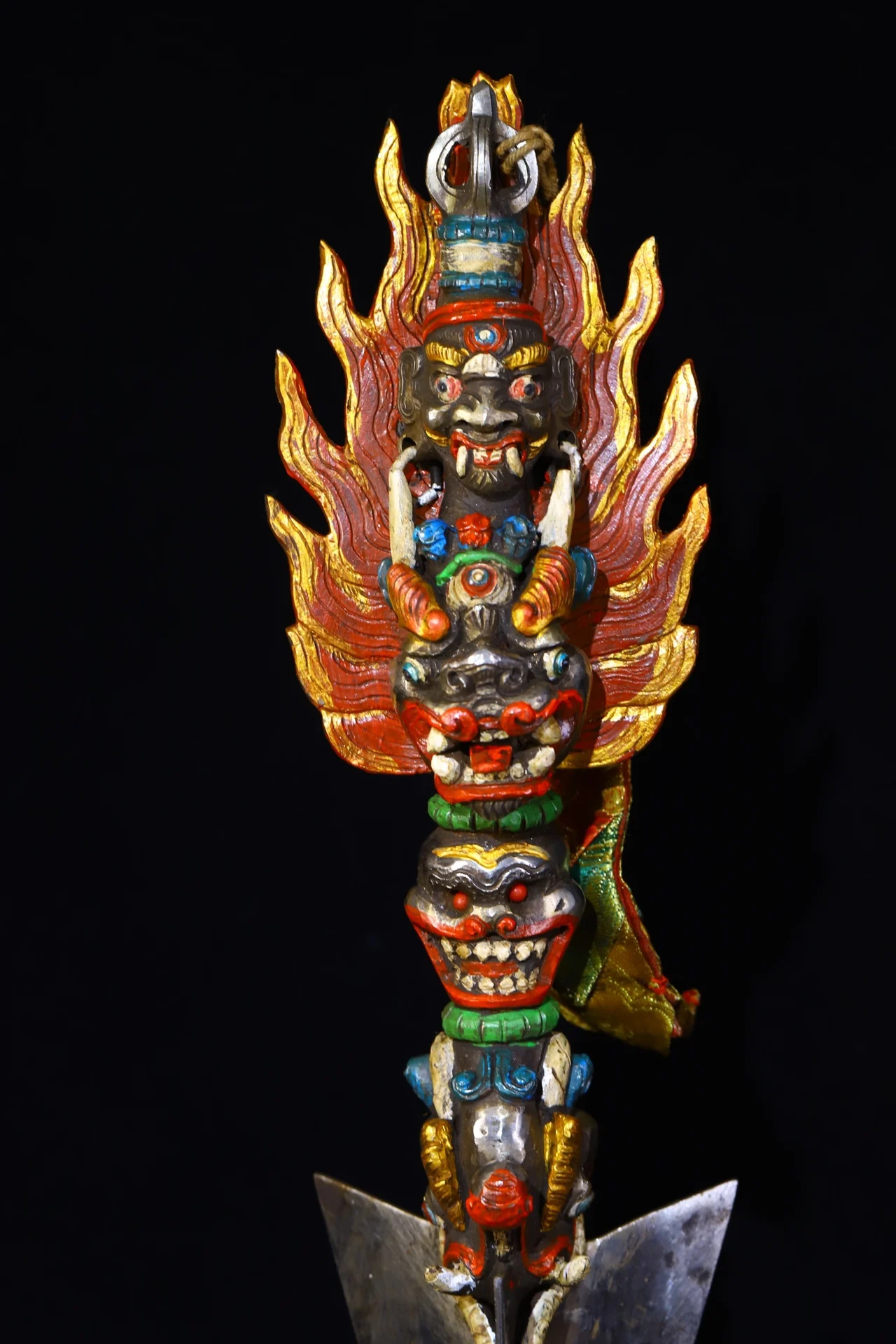 18”Tibetan Temple Collection Old Tiantie Painted Skull Mahakala Yamantaka Head Vajra Phurpa Prayer Flags Worship Hall Town House