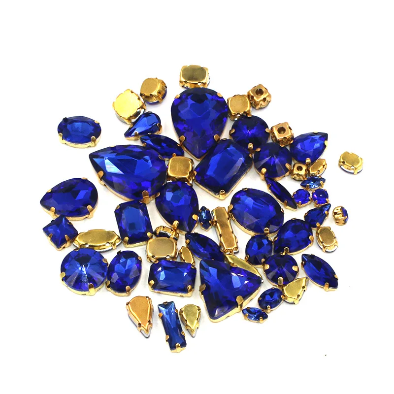 NEW 50pcs/bag mixed shape gold base glass rhinestones Royal blue flatback sew on rhinestones diy clothing accessories