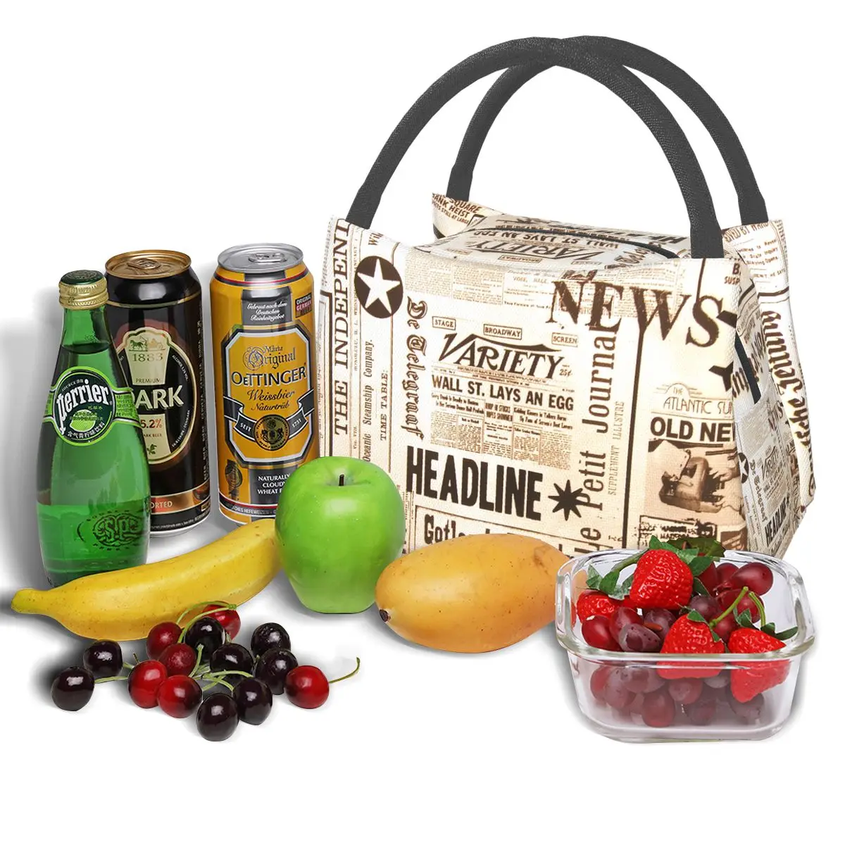 

NOISYDESIGNS Portable Lunch Bag Newspaper Pattern Print Thermal Insulated Lunch Box Cooler Handbag Bento Bag Picnic Food Storage