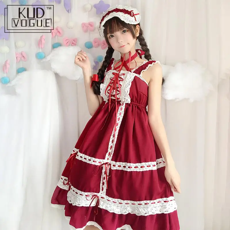 Lolita Dress Sweet Girls Cute Japanese Kawaii Spaghetti Strap Maid Vintage Lace Ribbons Headwear Lace Women Summer Party Prom
