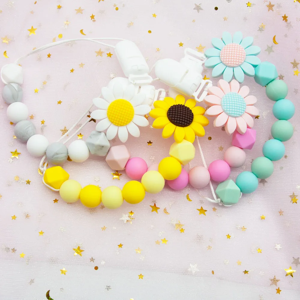 

Cute-Idea 1set Sunflower Pacifier Chain Silicone Teether Chewable Food Grade Teething BPA Free Handmade DIY Baby Product Toy