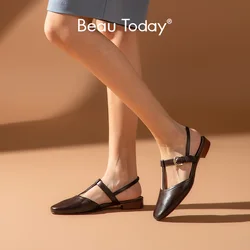 BeauToday Sandals Women T Strap Genuine Cow Leather Elastic Buckle Waxing Toe Summer Ladies Flat Heel Shoes Handmade 32252