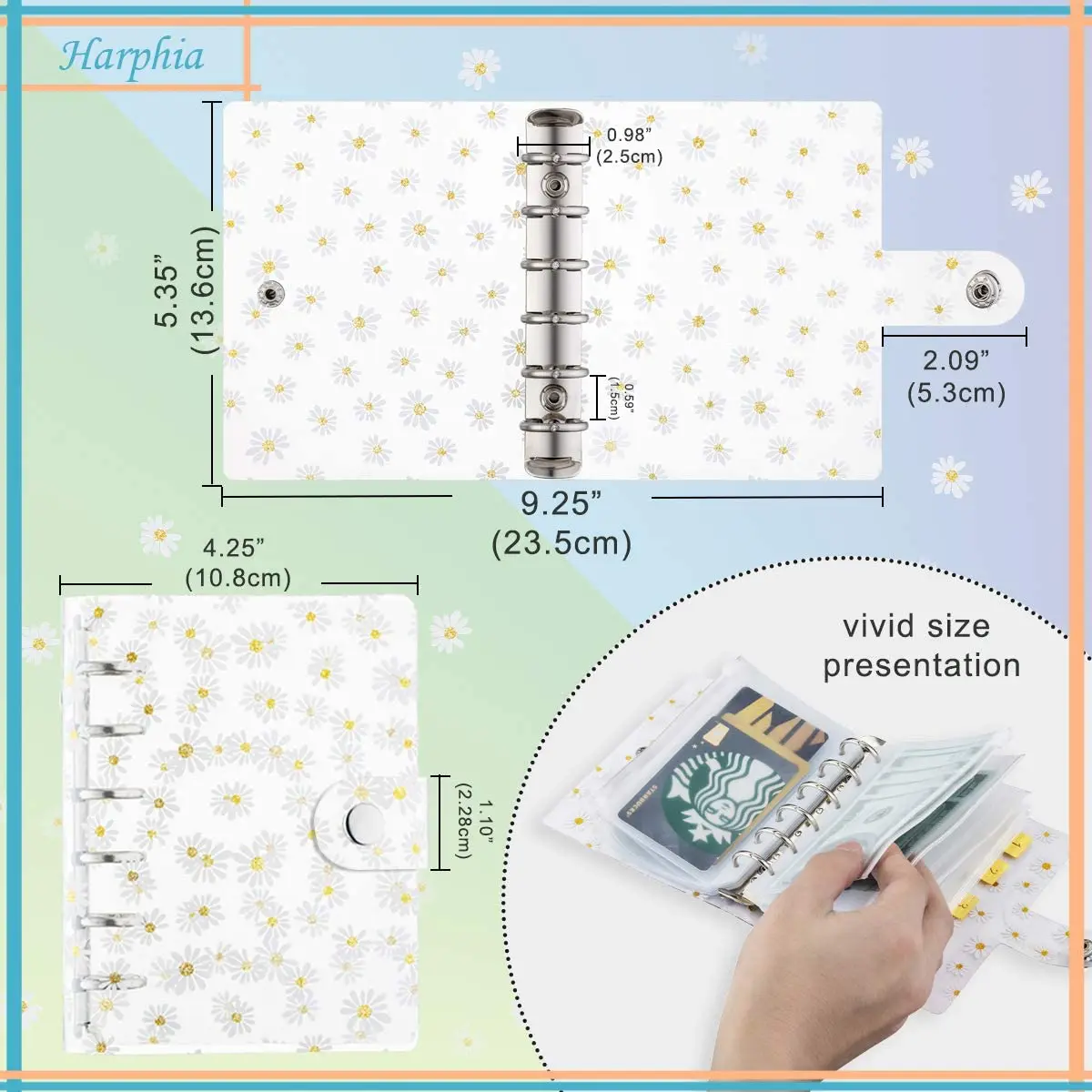 A7 Transparent Daisy Binder 5.39x4.33" Daily Planner Notebook with Pouch Bags, Bookmark Ruler , Refill Paper, Label Sticker