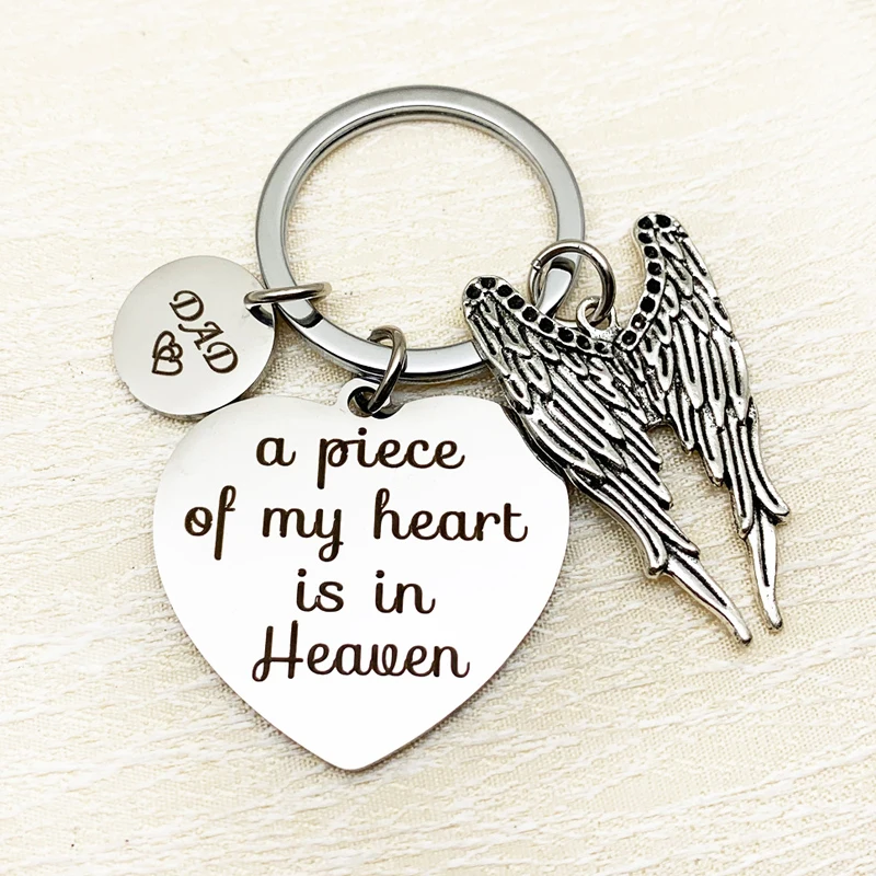 Memorial Keychain A Piece of My Heart is in Heaven Angel Wing Key Chain Memorial Dad Keychain Loss of Father Sympathy Gift