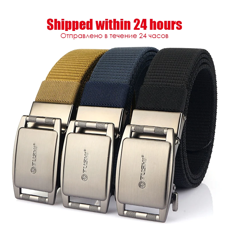 VATLTY 3.5cm Casual Belt Male Silver Alloy Automatic Buckle Jeans Belt for Men Real Nylon 100cm-120cm Tactical Outdoors Belt