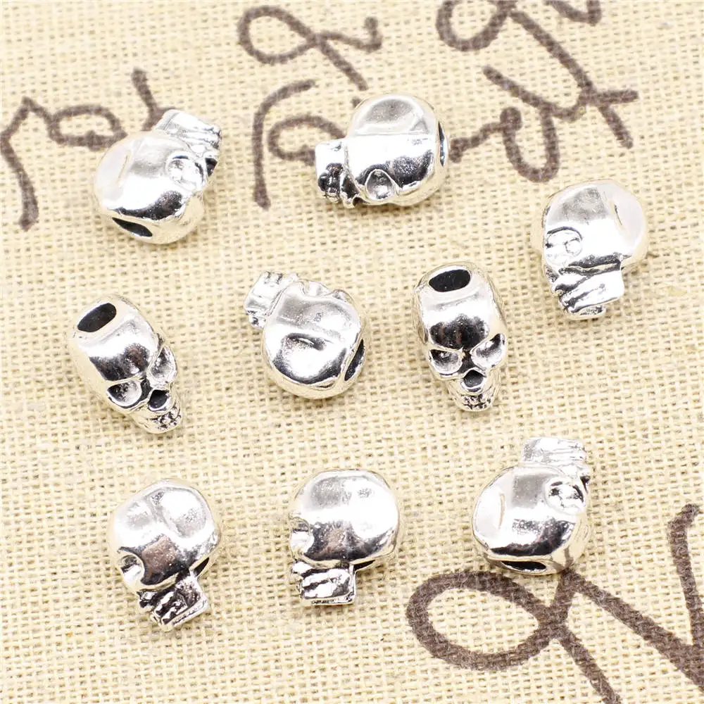 Necklac Pendant 9x12mm Skull Big Hole Beads Antique Silver Color 5pcs