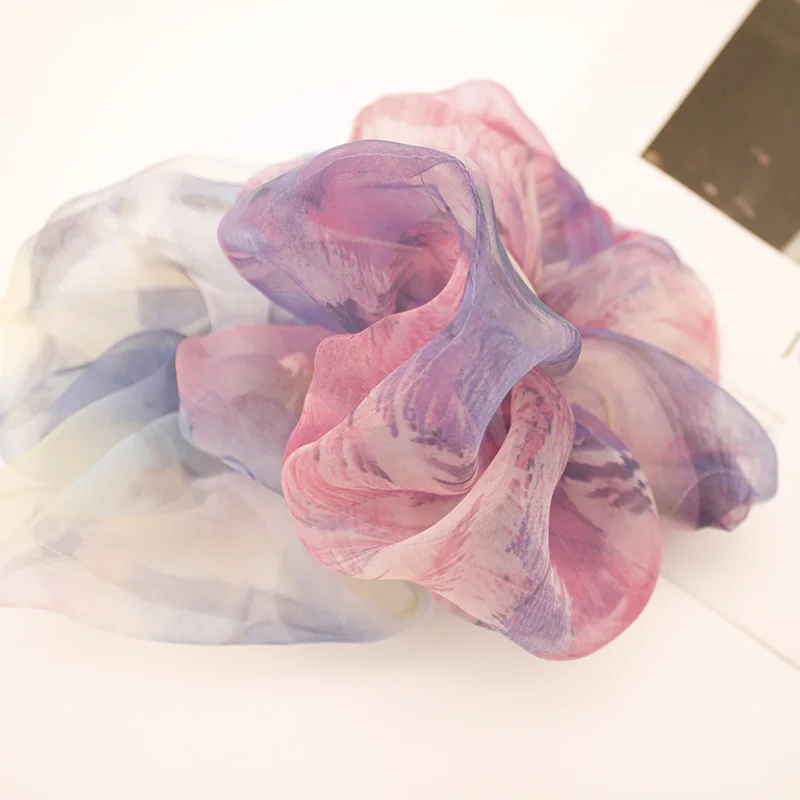 Lystrfac 2021 New Oversized Organza Print Scrunchie for Women Girls Elastic Hair Bands Hair Tie Ponytail Holder Hair Accessories