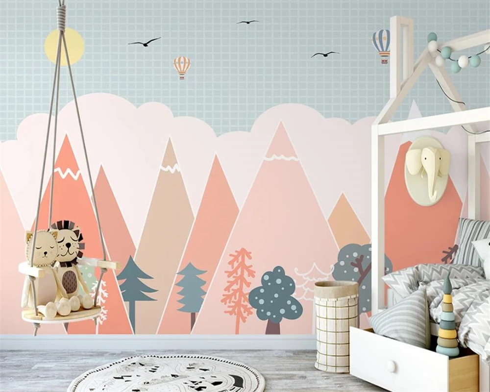 

beibehang Customized geometric mountain hot air balloon Nordic hand-painted children's room background wallpaper papier peint