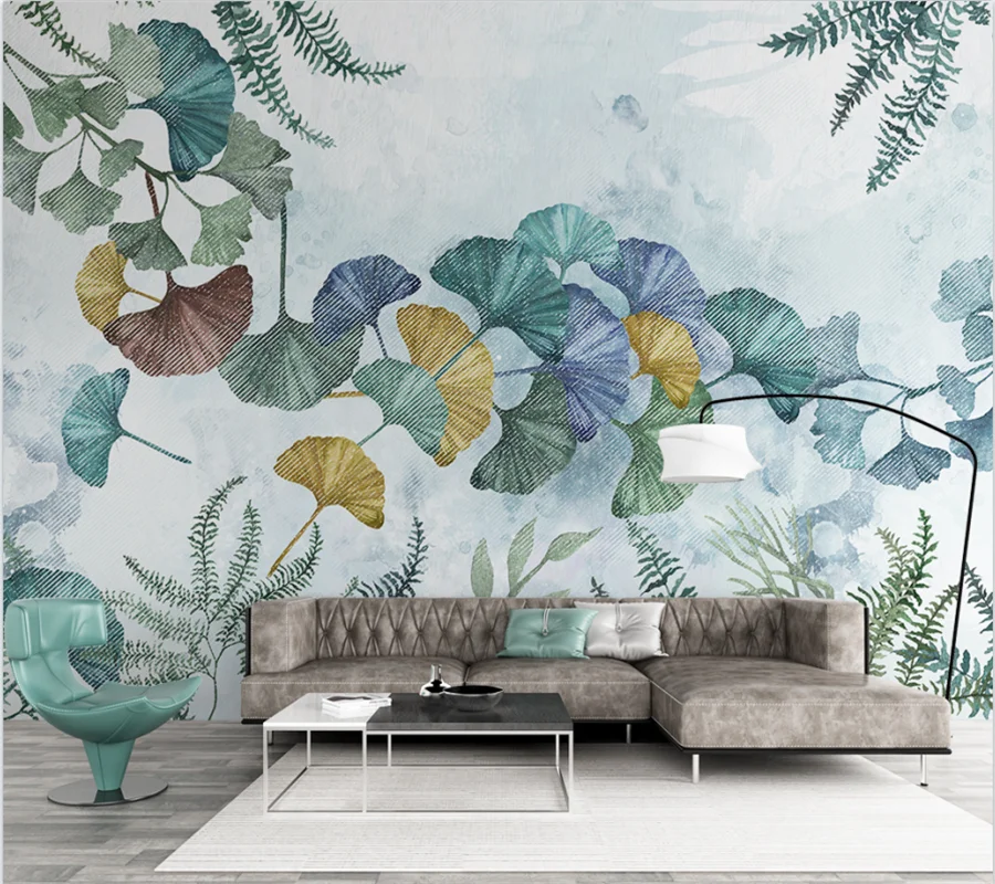 

wellyu Custom mural fresh modern minimalist plant ginkgo biloba hand-painted Nordic TV living room bedroom background wallpaper