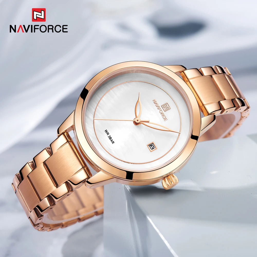 NAVIFORCE-relojes de cuarzo de oro rosa para mujer, pulsera femenina de marca superior, 5008