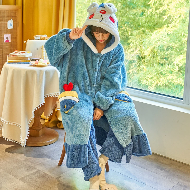 Cute Kawaii Winter Warm Women\'s Pajamas Sweet Hooded Nightgown Flannel Sleep Home Clothes Female Thicker Fashion Soft Chic Robes