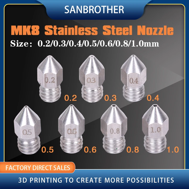 

3D Printer Threaded Stainless Steel MK8 Nozzle M6 0.2 0.3 0.4 0.5 0.6mm for 1.75mm Filament for CR10 CR-10S Ender 3 Ender 5