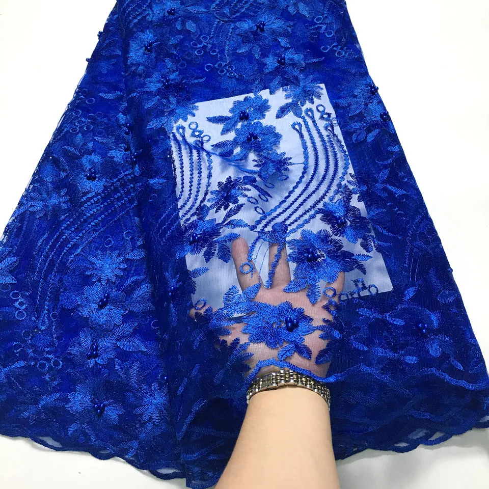 Royal Blue African Lace Fabric 2021 High Quality Lace With Beaded Lace Fabric 5 Yards , Nigerian Laces Fabric For Sewing Clothes