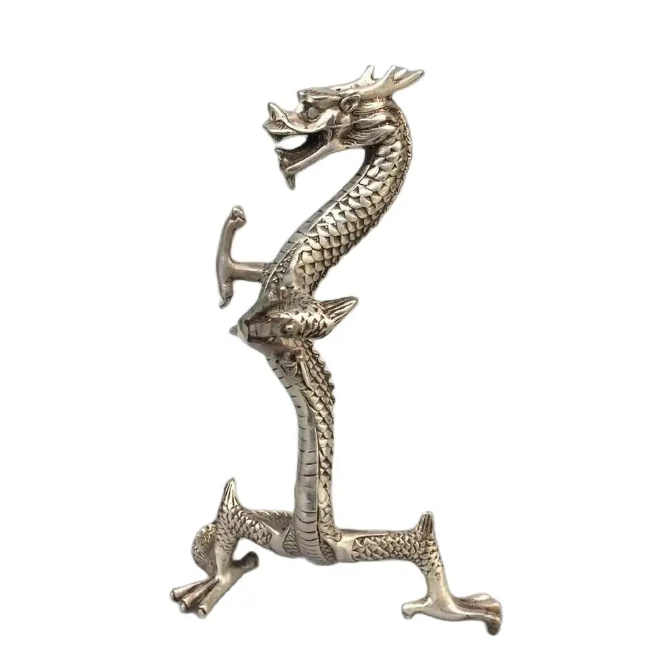 

China Old Feng Shui Ornaments Plated Silver Dragon Statue