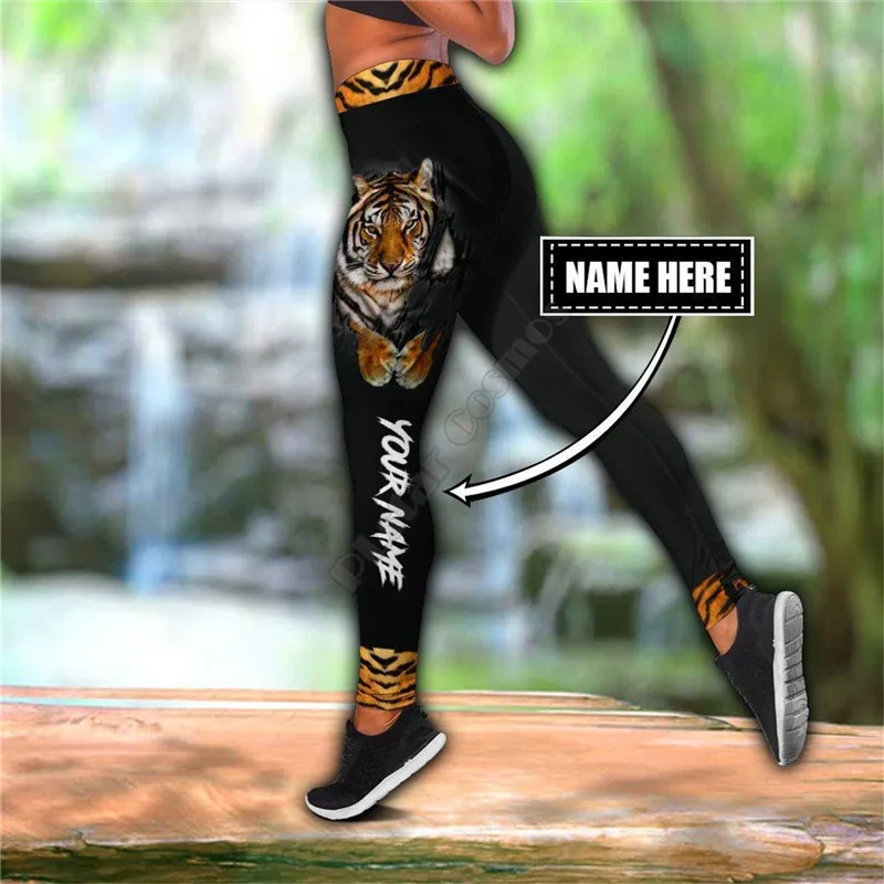 Customize Name Tiger Combo Outfit Leggings and Hollow out Tank Top Suit Yoga Fitness Soft Legging Summer Women For Girl 01