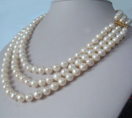 

3 row strands natural 7-8mm & 8-9mm akoya white pearl necklace 17"18"19"14K gold clasp