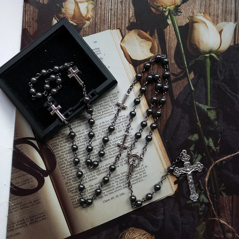 Our Lady of Guadalupe Medal  Rosary Necklace Black Hematite Prayer Bead Chain Crucifix Cross Pendant Religious Jewelry Gifts