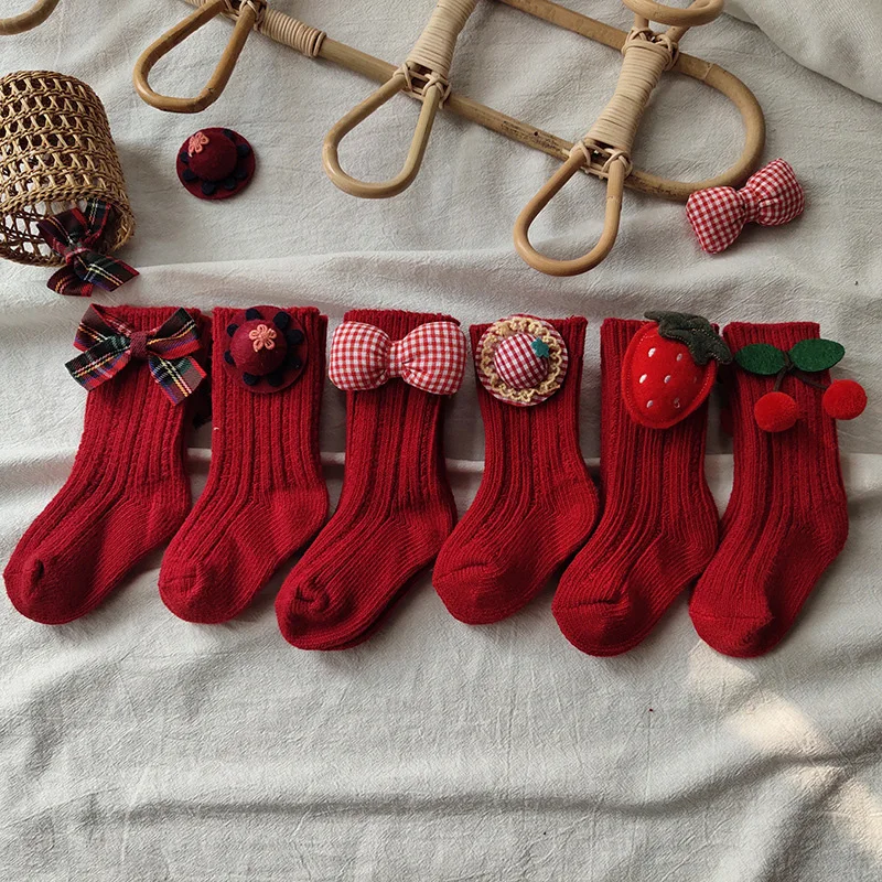 

New Red Christmas Socks for Kids Winter Thick Knitted Big Bows Ankle Socks Baby Girls Boot Socks Children Warm Cotton Stocking