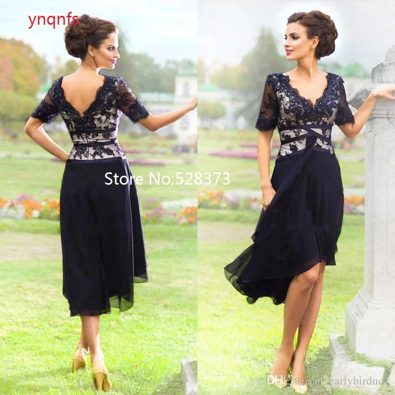 YNQNFS MH1 Navy Blue  Bride's Mother Dress Sheath Long Sleeve Applique Beaded XL Short Dress Wedding Asymmetric skirt