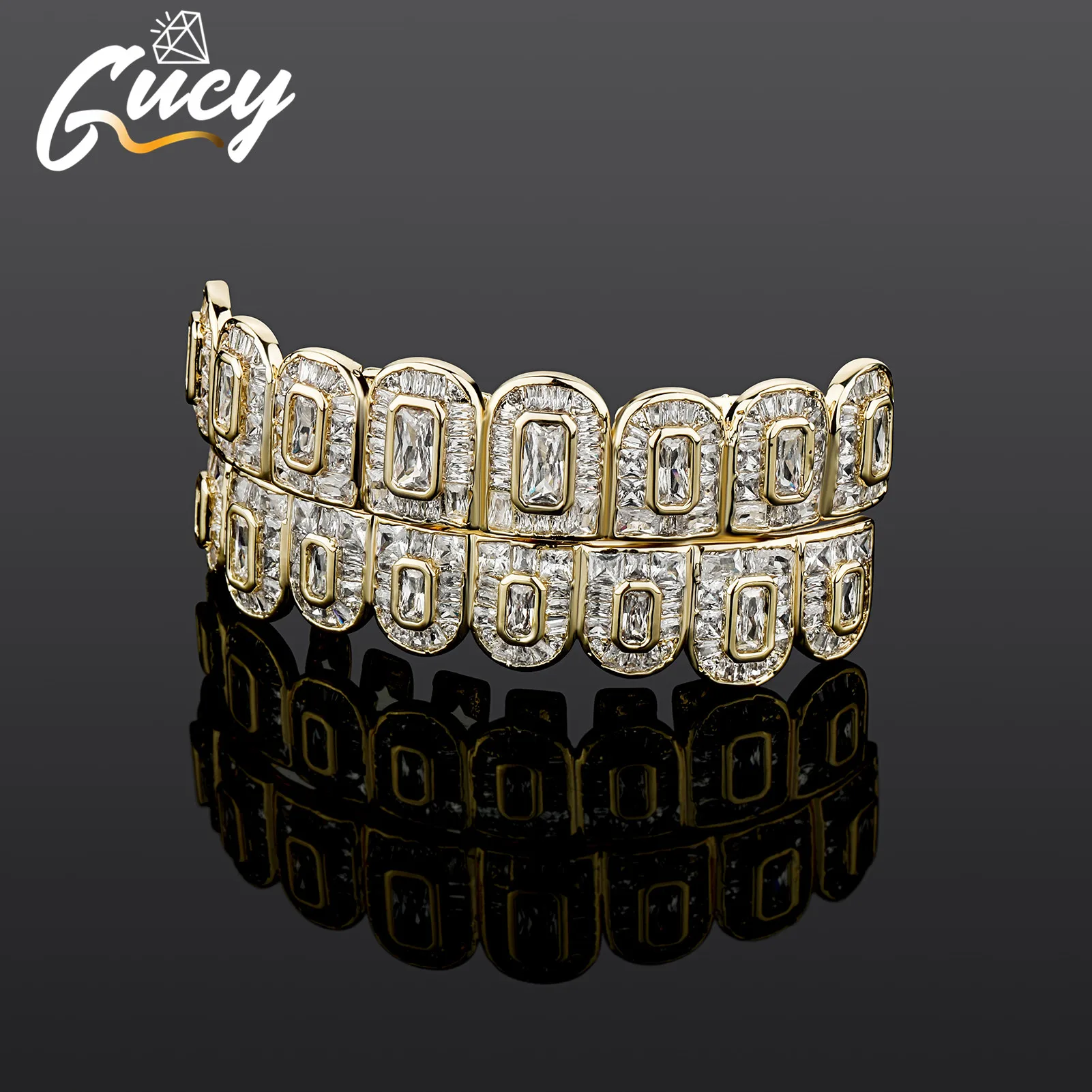 GUCY Gold Silver Color All Iced Out Hip Hop Teeth Grillz Micro Pave Cubic Zircon Top & Bottom Grills Set For Men Gift