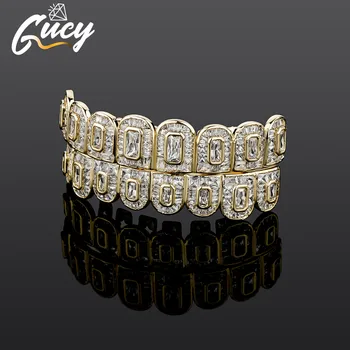 GUCY Gold Silver Color All Iced Out Hip Hop Teeth Grillz Micro Pave Cubic Zirconia Top &amp; Bottom Grills Set for Men Gift