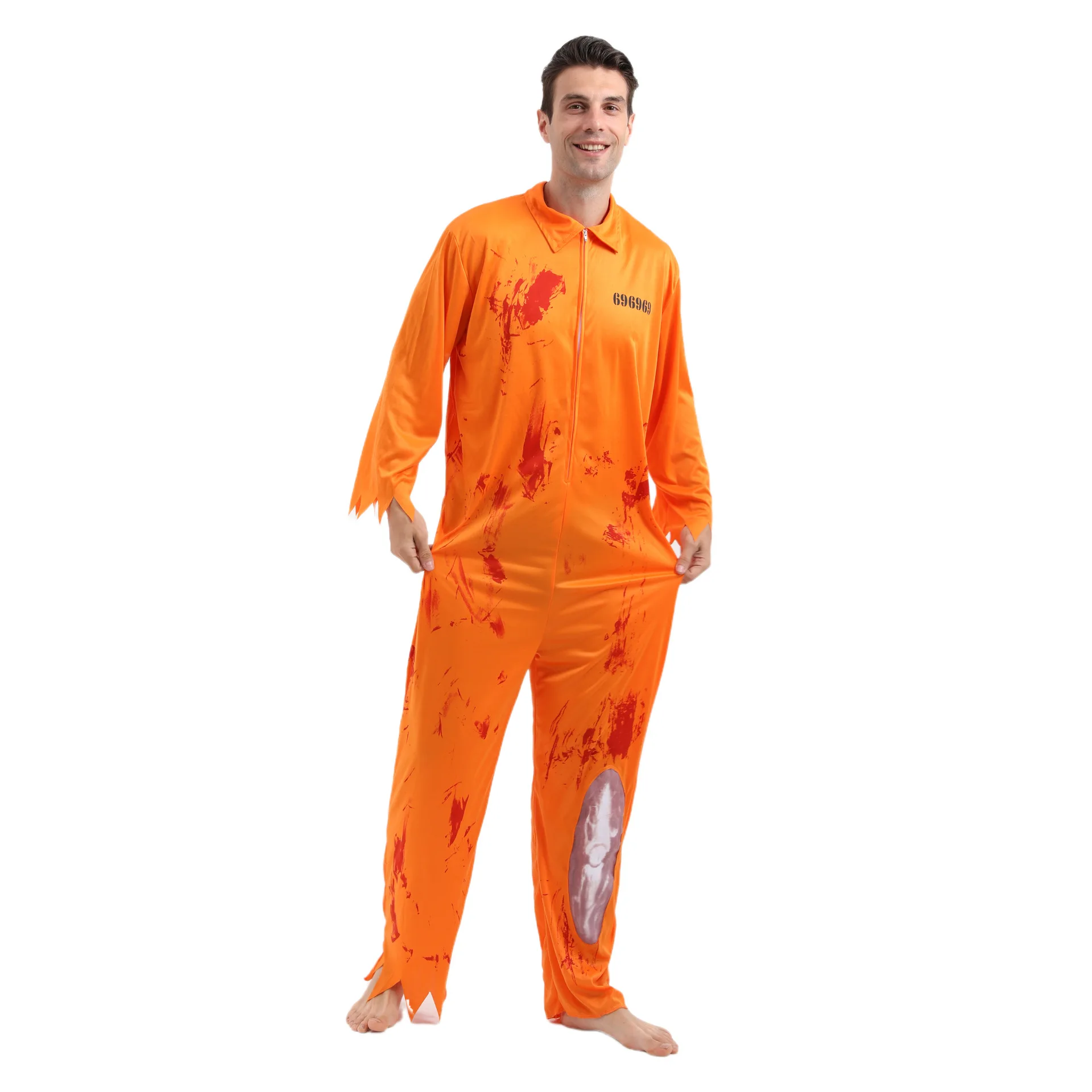 Volwassen Zombie Gevangene Kostuum Mannen Bloody Dode Convict Scary Halloween Kostuum Geel Jumpsuit Fancy Dress Outfit