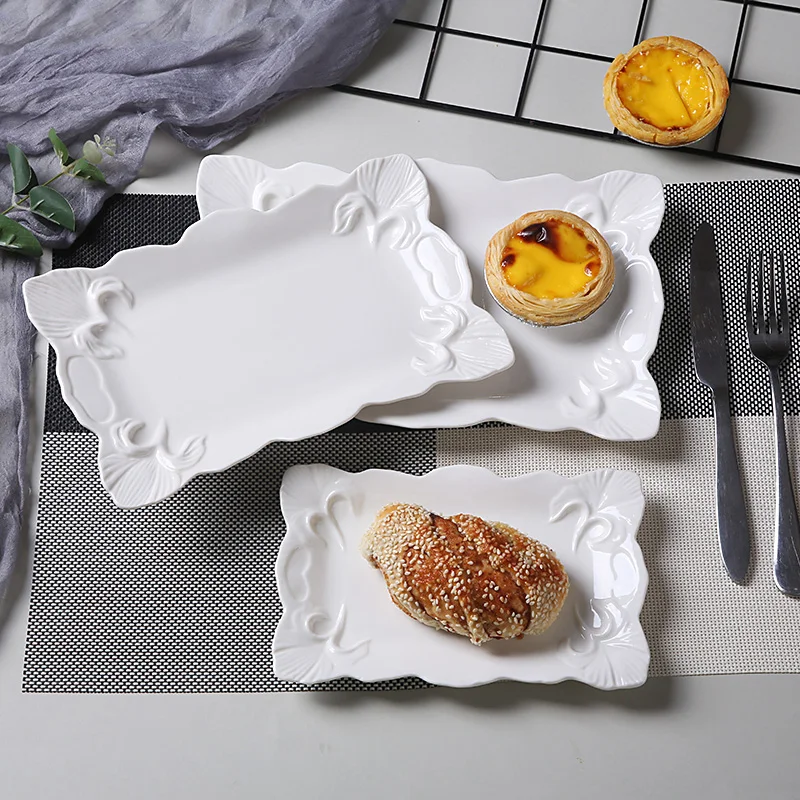 7'' 9'' 11'' Ginkgo Flower Stamped Ceramic Dinner Plate Rectangle Porcelain Gourmet Serving Tray Banquet Tableware Main Course