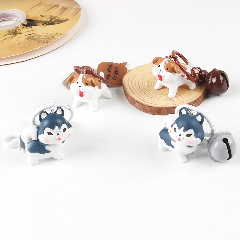 Cartoon Resin Puppy Keychain Blue Brown Dog Bell Trinket Girl Boy Couple Bag Keyring Wire Rope Accessory Gift