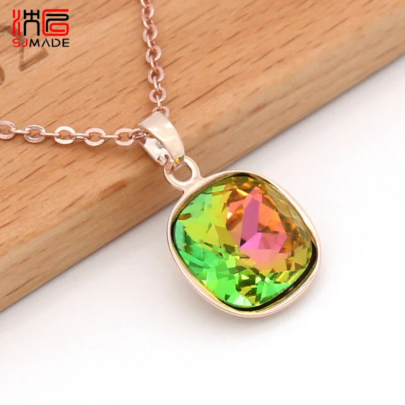 SHENJIANG New Trendy Square Crystal Pendant Necklace For Women Girls 585 Rose Gold Color Wedding Party Fashion Jewelry